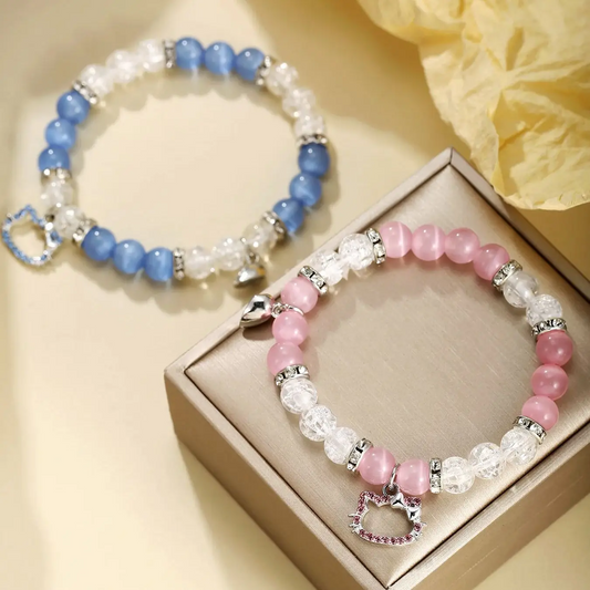 2 pcs of Blue and Pink Beads Cute cat Pendant Heart Shape