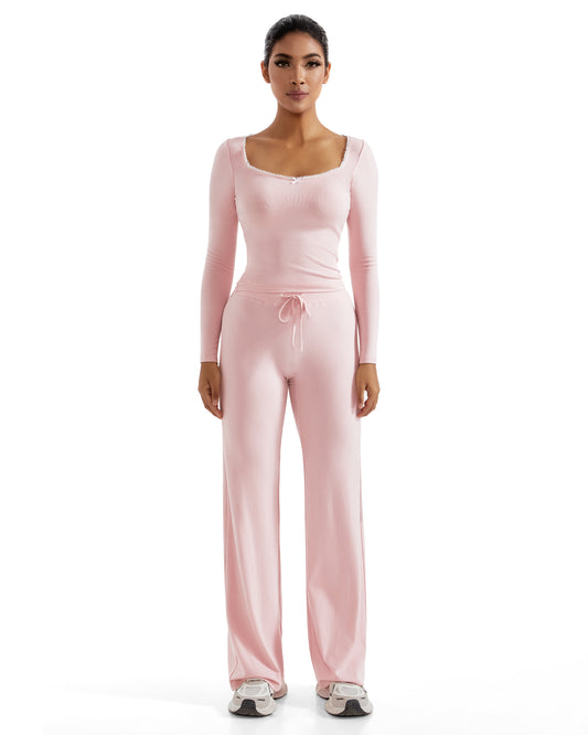 Women Casual Suits 2 Pcs Set Soft Wide Leg Pants Outfit Yoga Suits