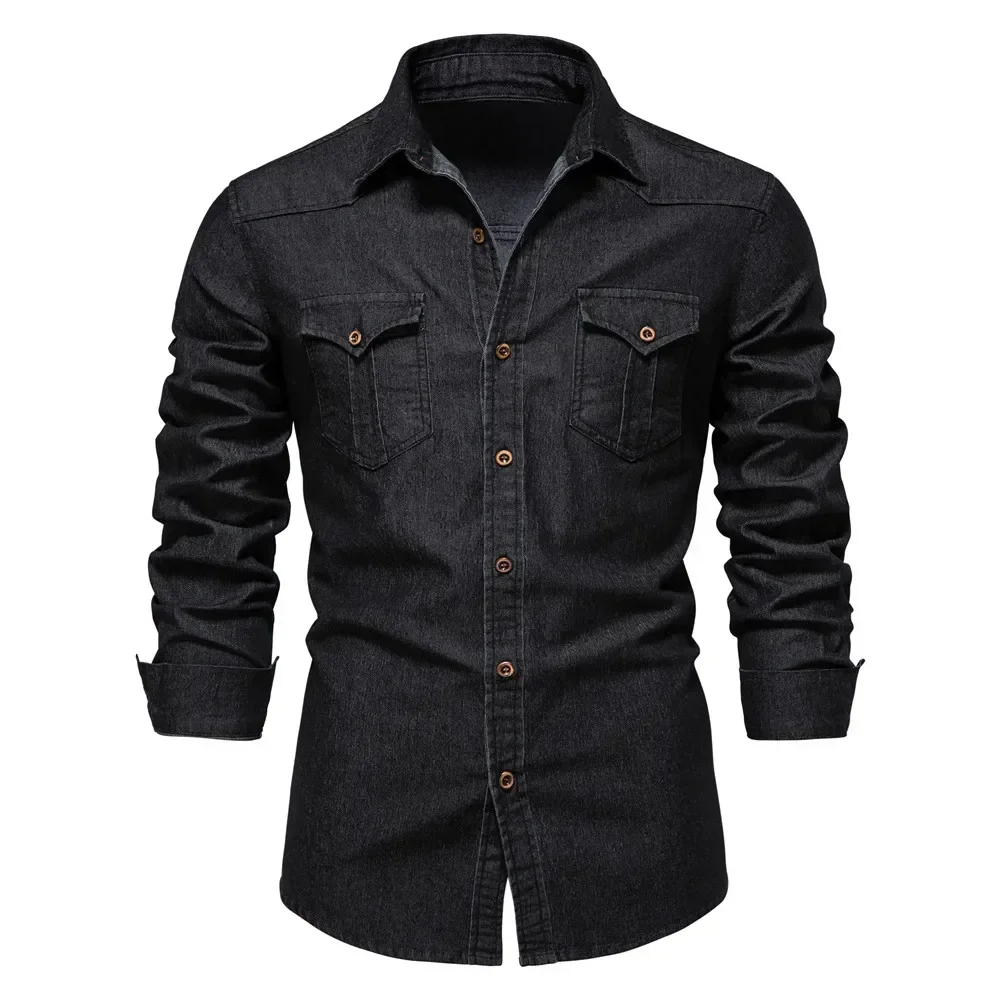 Elastic Cotton Denim Shirt Men Long Sleeve