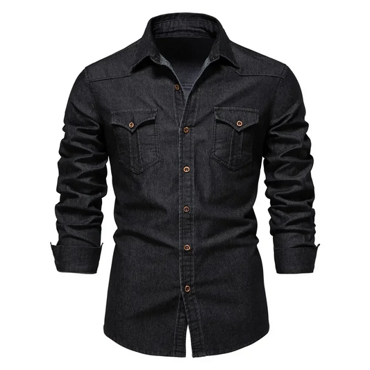 Elastic Cotton Denim Shirt Men Long Sleeve