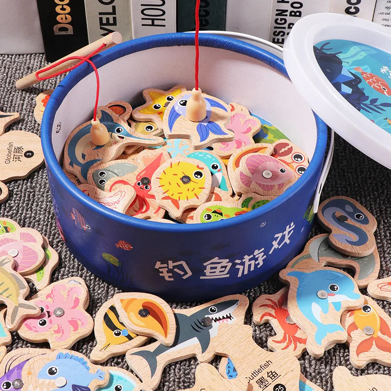 Montessori Wooden Fishing Toys For Children Cartoon Marine