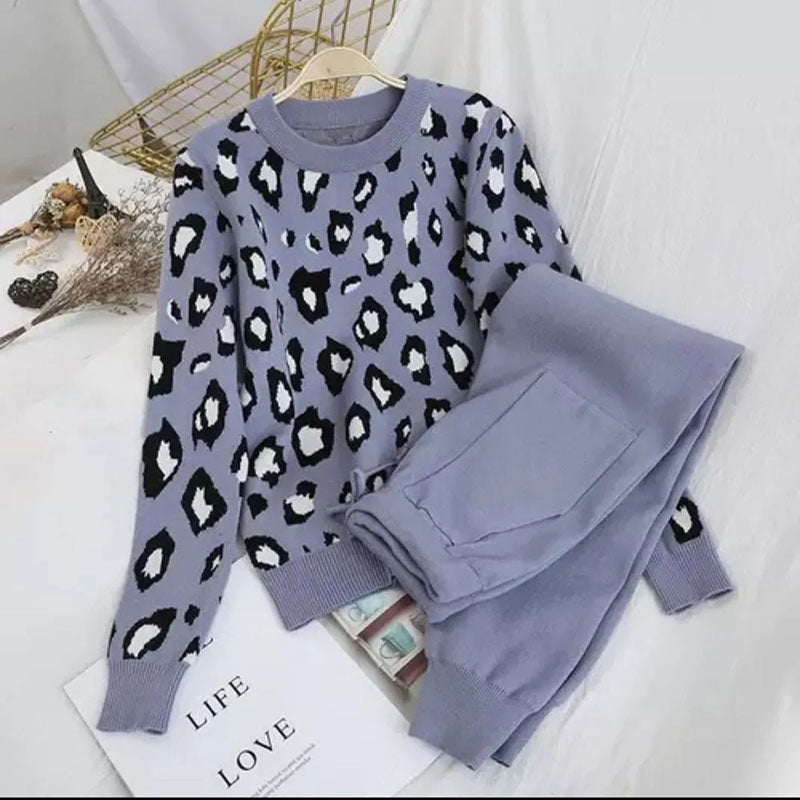 Womens Knitted 2 Piece Sets Leopard Print