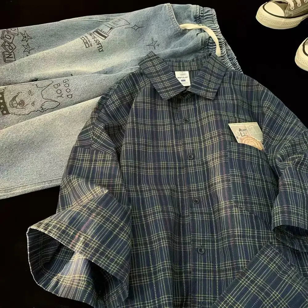 Japanese Vintage Plaid Short Sleeve Shirt Men's Streetwear Loose Fit