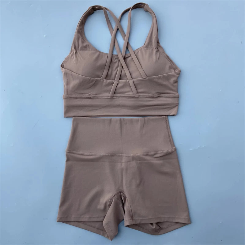 Solid Color gym bike Yoga Set short Legging +cross sport