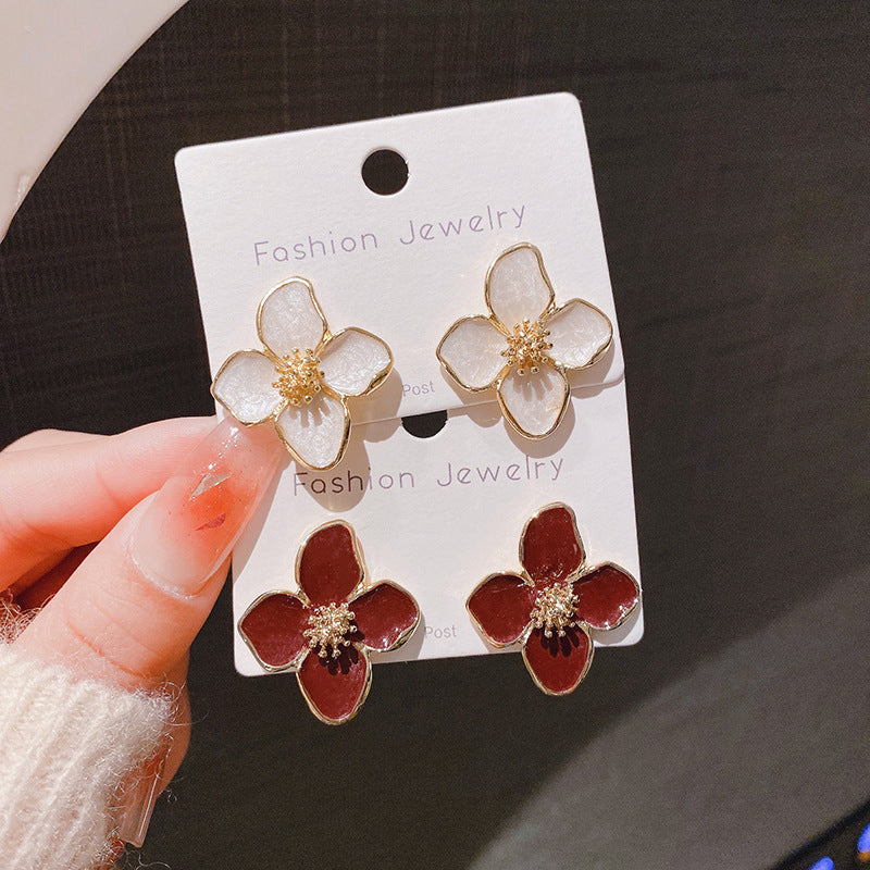 Hibiscus Dropped Glaze Flower Stud Earrings for Women