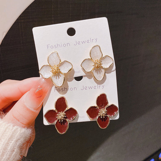 Hibiscus Dropped Glaze Flower Stud Earrings for Women
