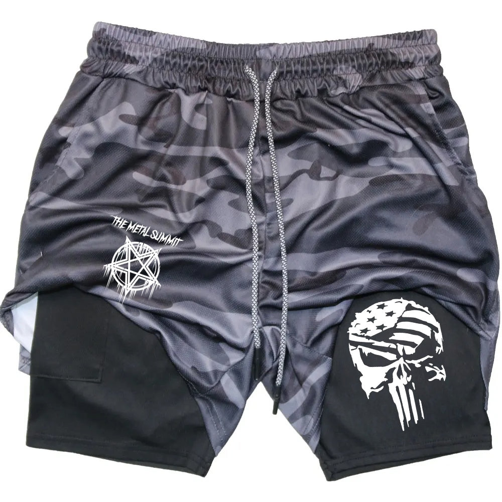 Men Anime Double Layer Shorts Gym Workout Printed Sports