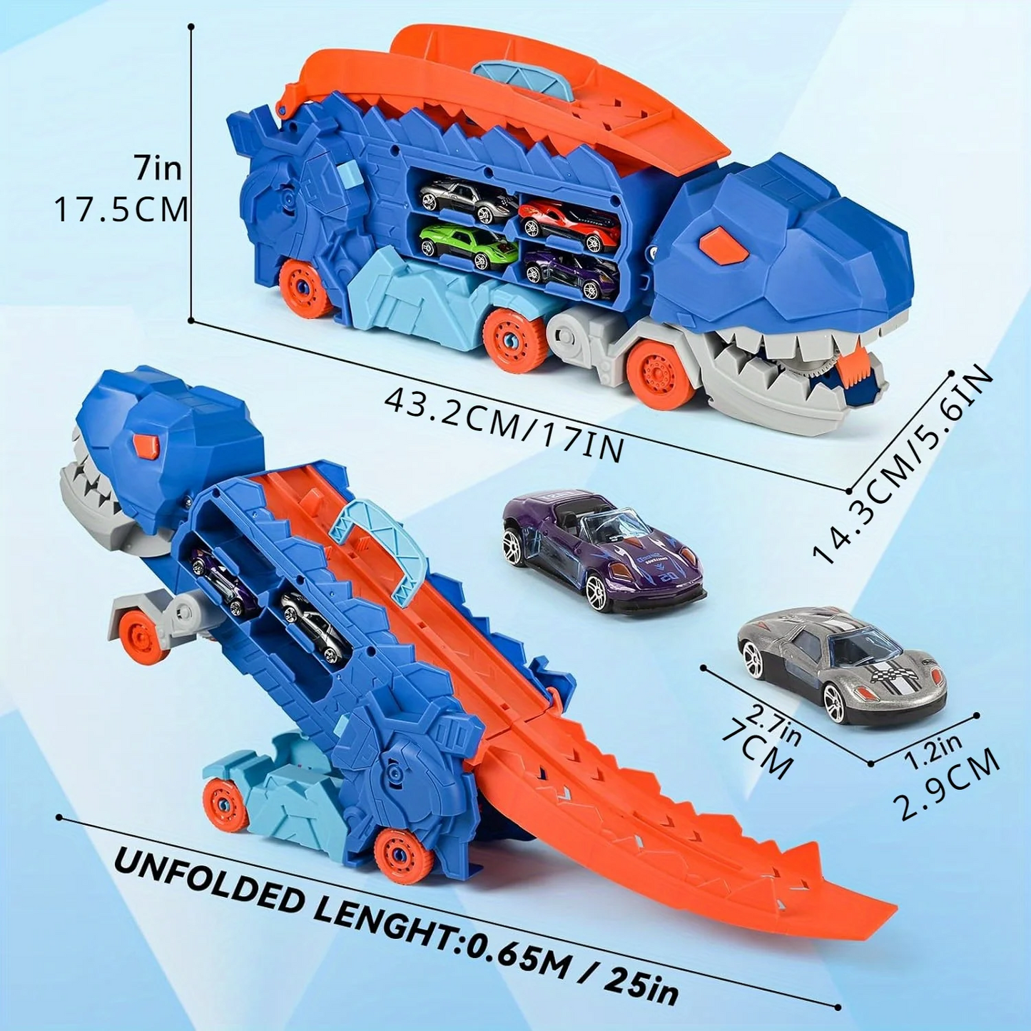 The transport dinosaur truck folds and slides 25 inches