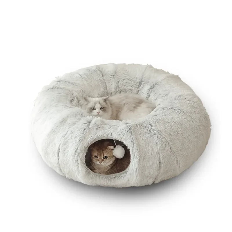 Plush Cat Bed with Tunnel for Indoor Cats Multifunctional Cat Tunnel Bed