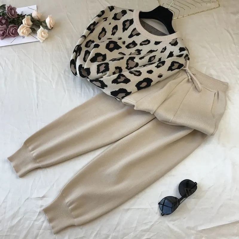 Womens Knitted 2 Piece Sets Leopard Print