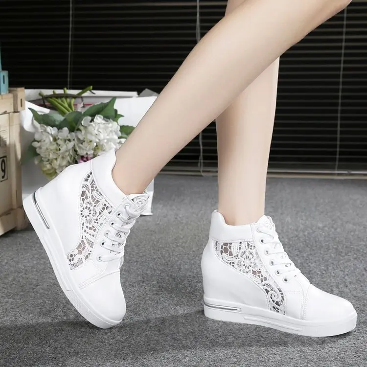 Women Wedge Platform Sneakers Rubber Brogue Leather
