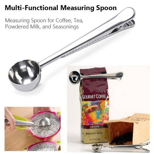 Multi-Purpose Stainless Steel Coffee Scoop with Clip and Measuring Spoon