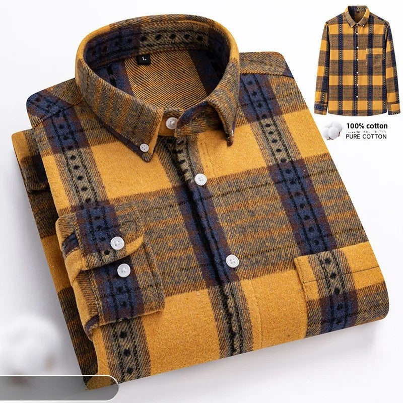 Thickened Pure Cotton Flannel Plaid Shirt Men's Long Sleeve Casual