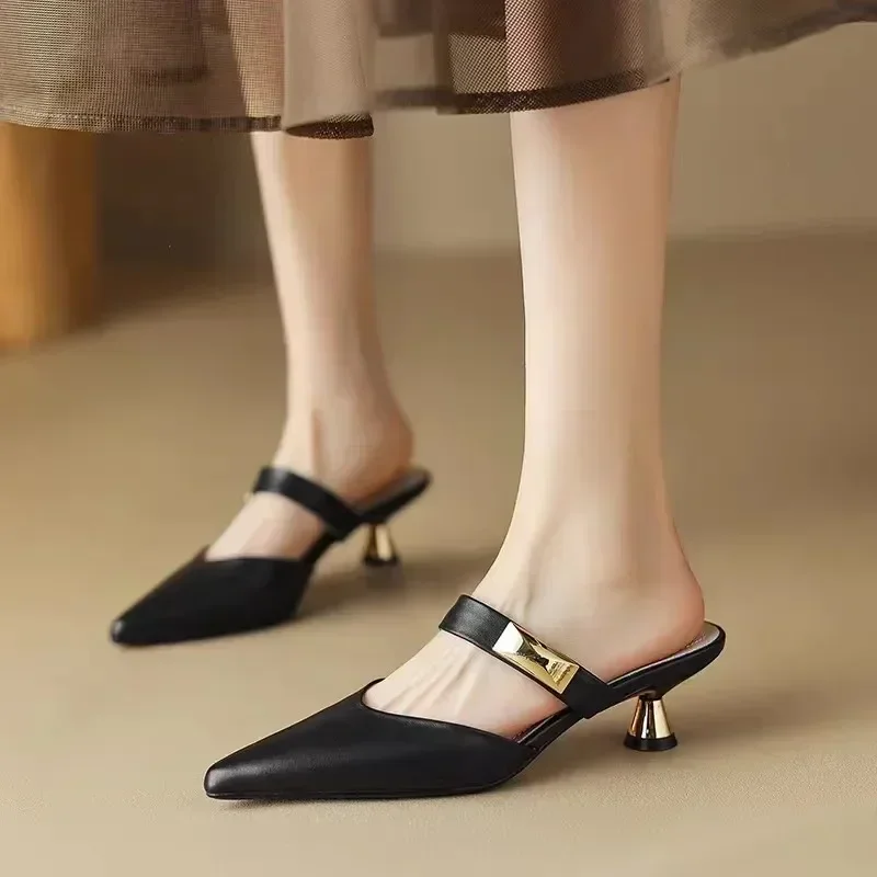 Size 35-42 Women Kitten Heels Mules Golden Rivet Pointed Toe
