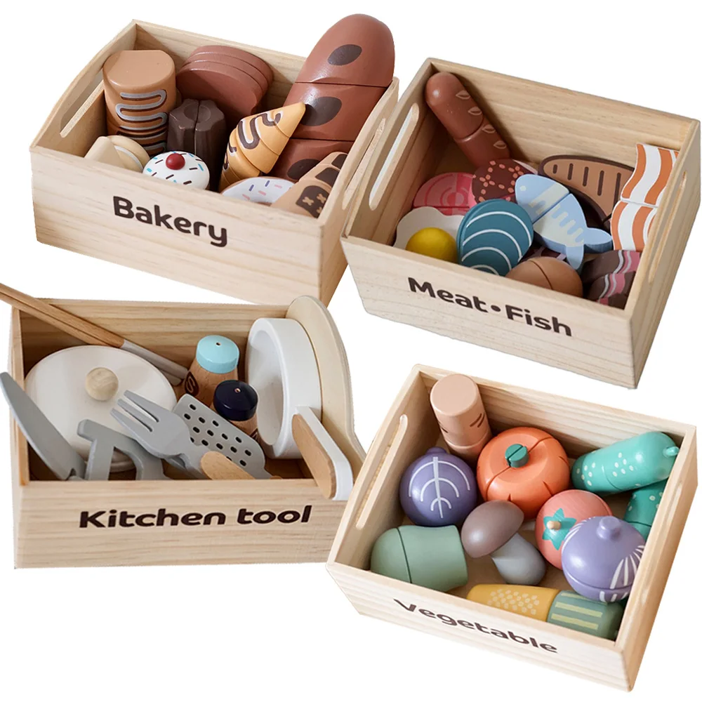 Wooden Pretend Play Kitchen Toys Cutting Food Accessories Set