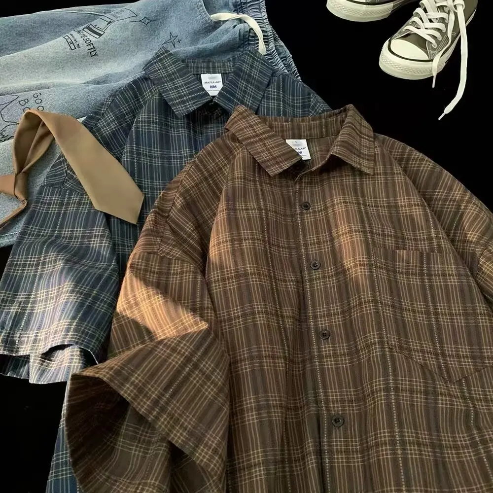 Japanese Vintage Plaid Short Sleeve Shirt Men's Streetwear Loose Fit