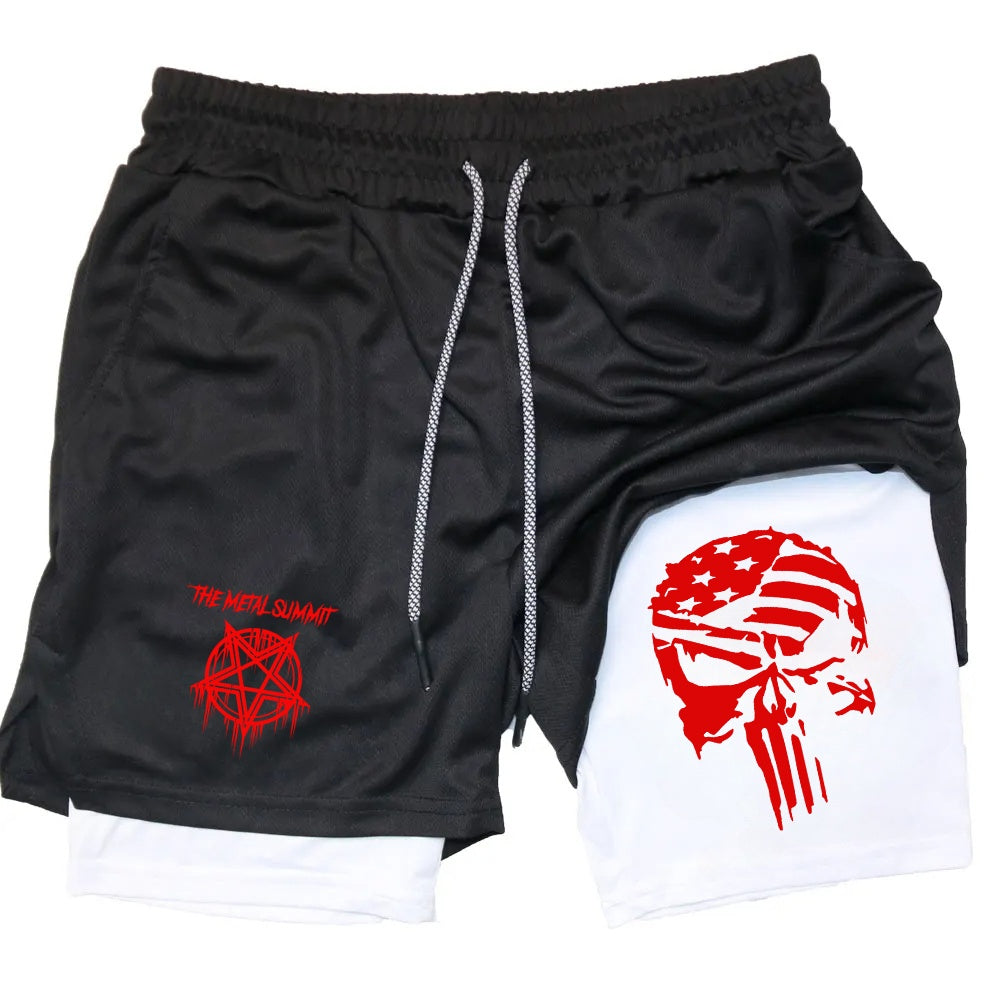 Men Anime Double Layer Shorts Gym Workout Printed Sports
