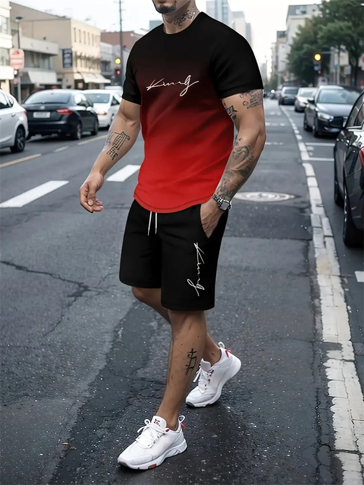 New Men's Outfit Summer Short Sleeve T Shirt Set Fashion 2 Piece