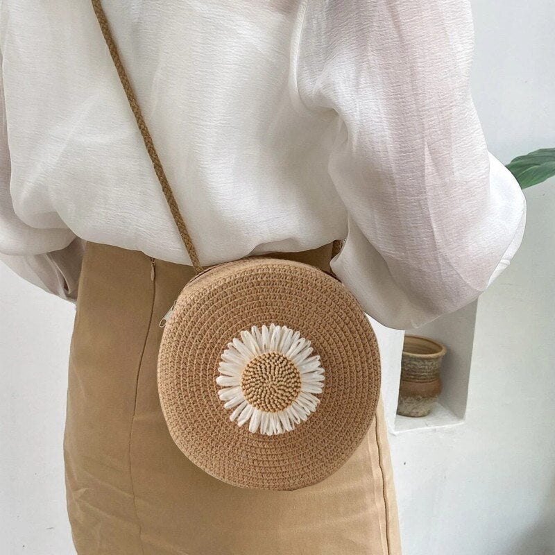 Flower Graphic Circle Straw Bag