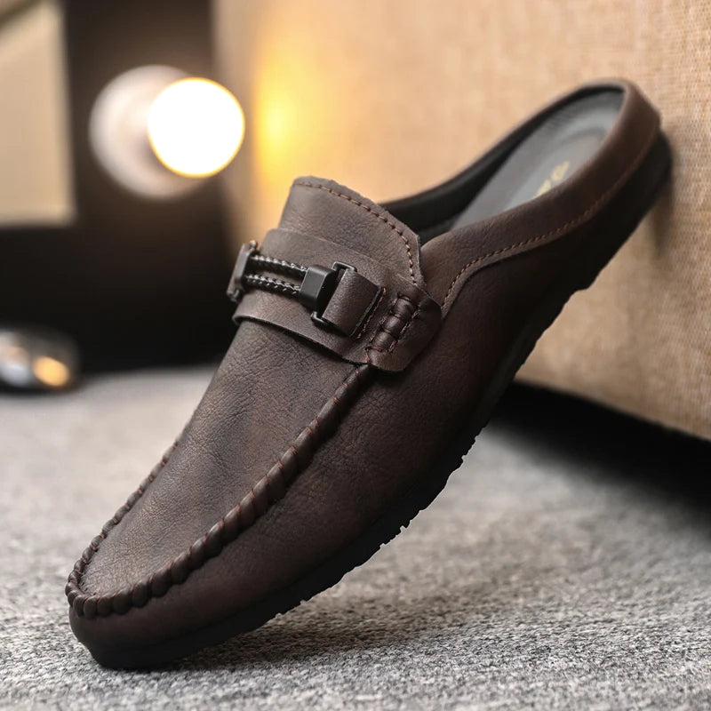 Summer Leather Men Half Slippers Breathable Mens Casual Shoes