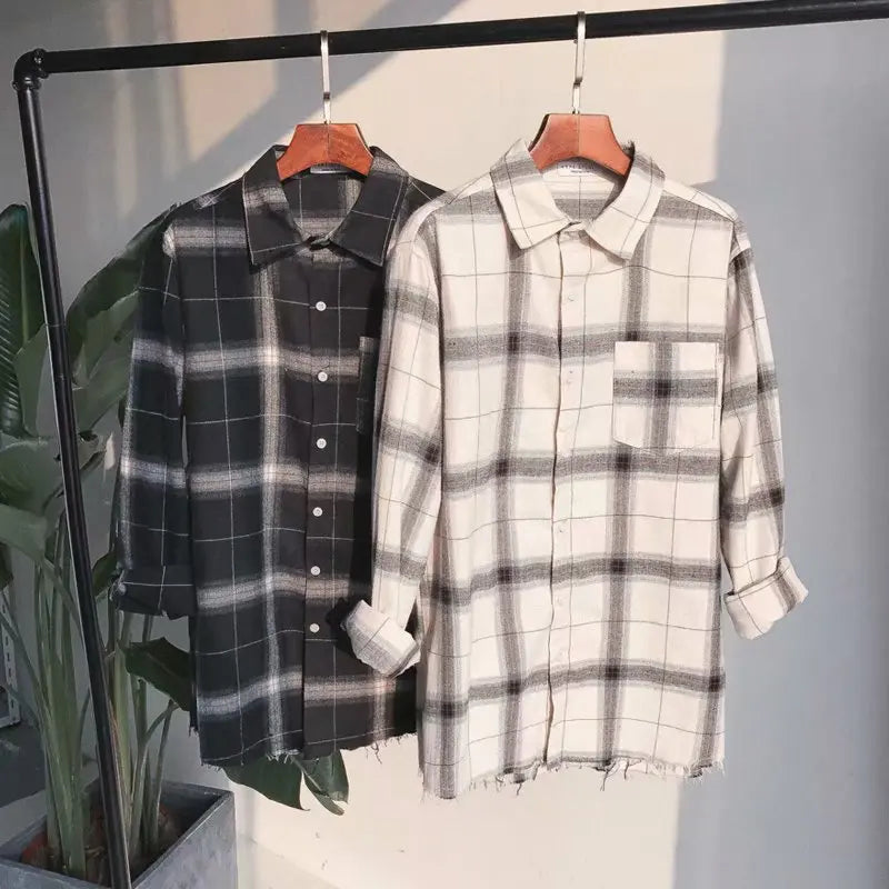 Fashionable Plaid Loose-fit Long Sleeve Casual Shirt For Men