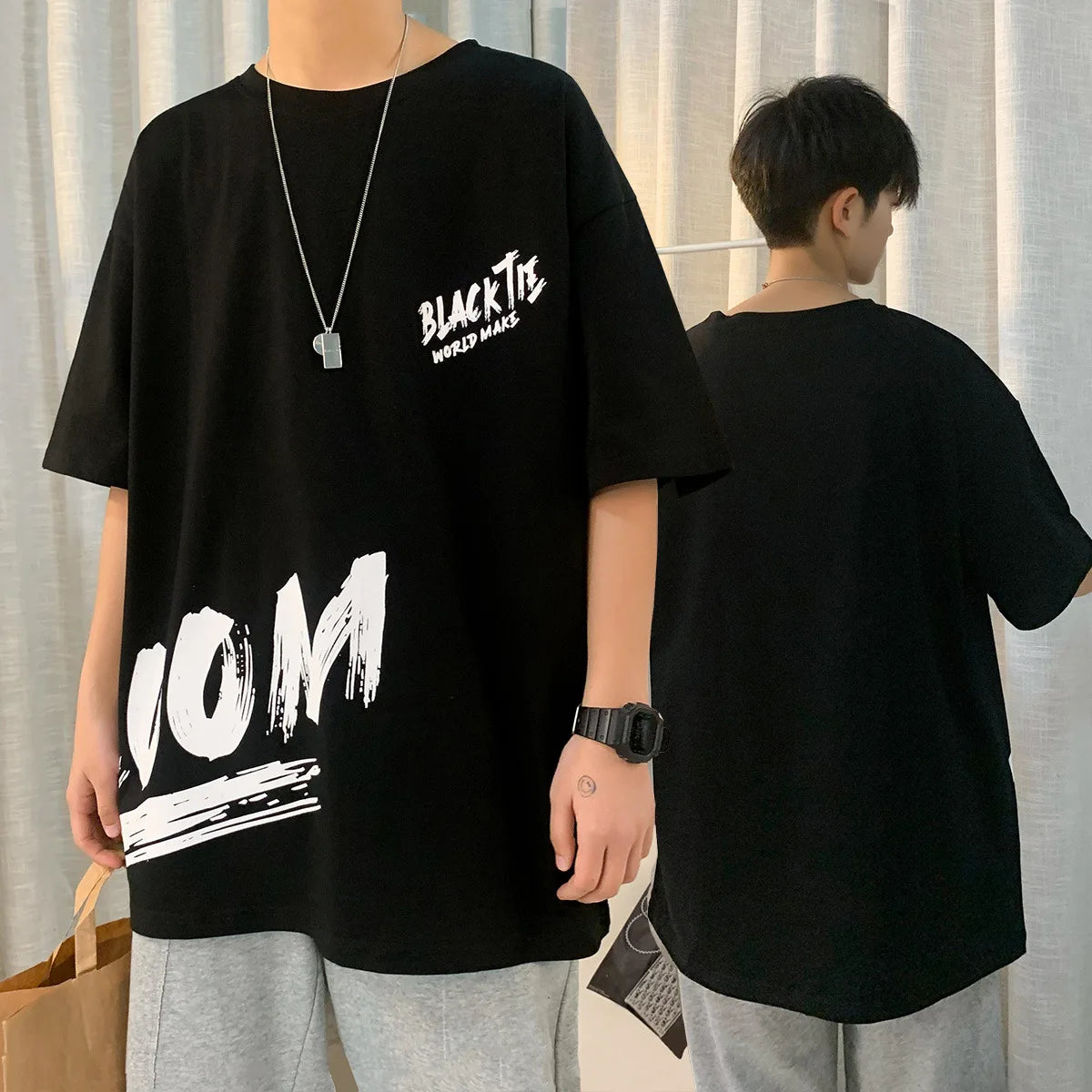 Trendy Men's Short Sleeve T-Shirt Loose Fit Hong Kong Style