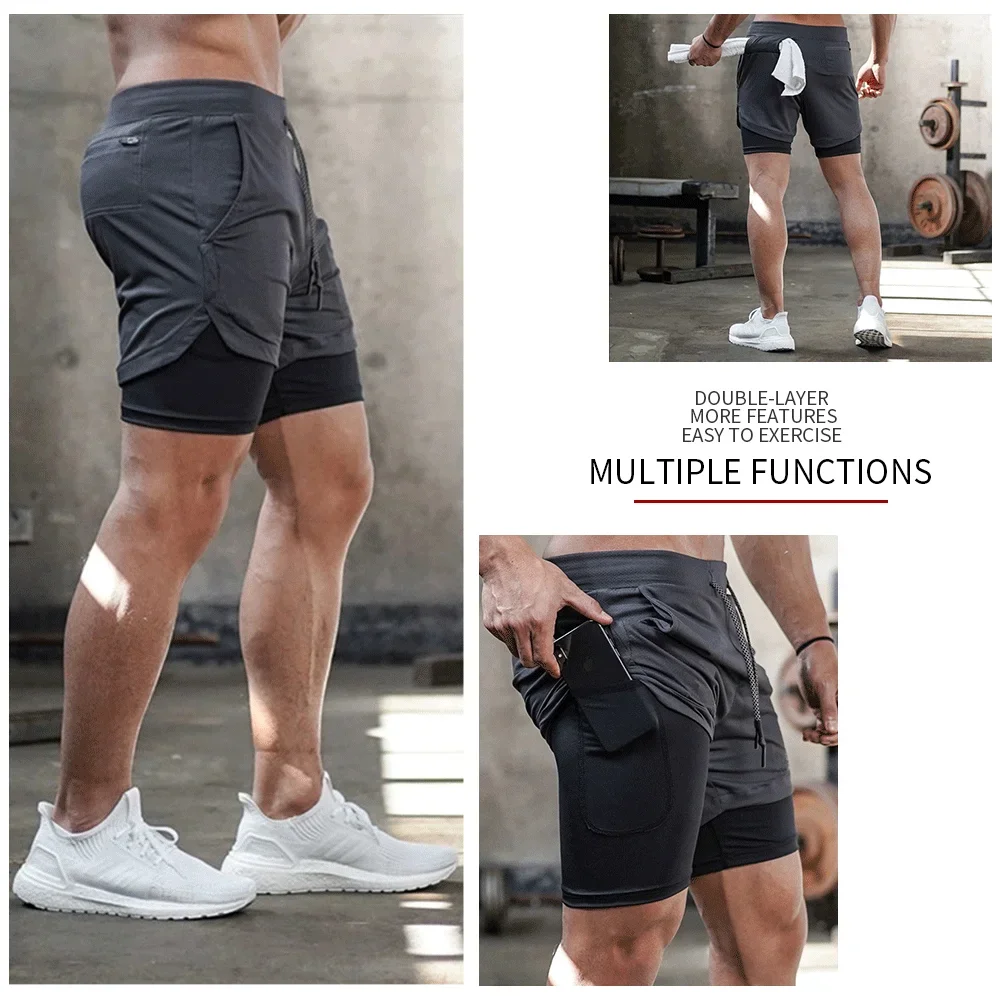 2024 Summer Men's New Fashionable Trend Leisure Gym Fitness Sports Double layer Shorts