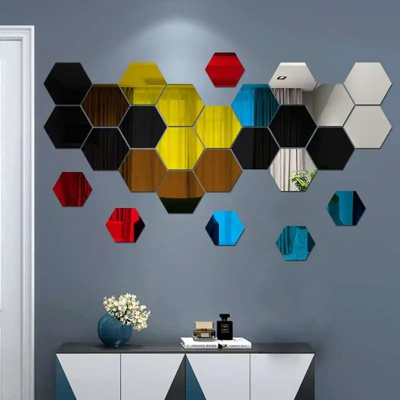 12/24Pcs 3D Hexagon Mirror Wall Stickers DIY Removable