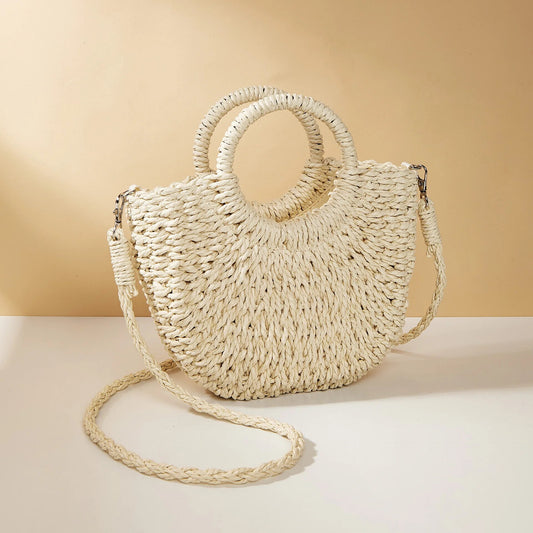 Handwoven Straw Rattan Half-Moon Beach Handbag