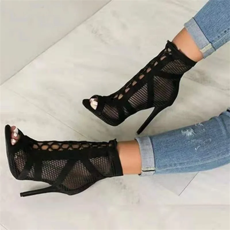 Fashion Show Black Net Fabric Cross Strap Sexy High Heel Sandals