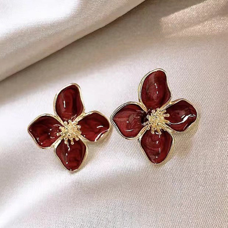 Hibiscus Dropped Glaze Flower Stud Earrings for Women