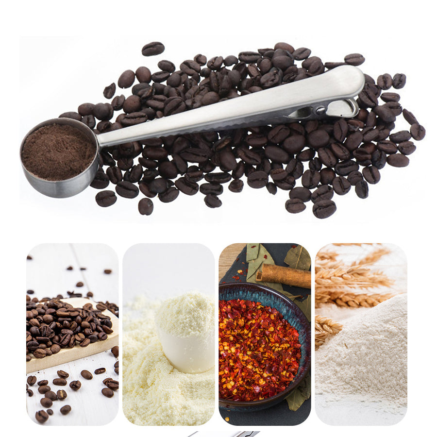 Multi-Purpose Stainless Steel Coffee Scoop with Clip and Measuring Spoon