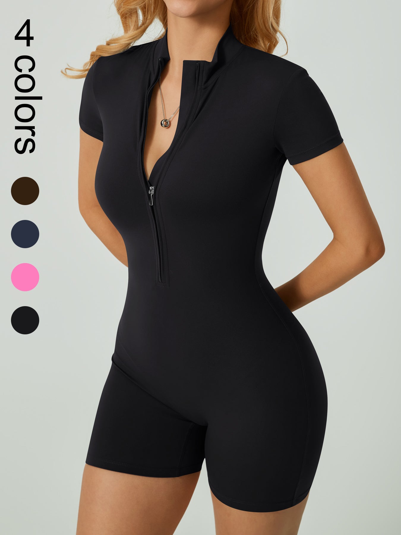 Zipper Women Bodysuit Gym Push Up Workout Clothes Fitness Sports