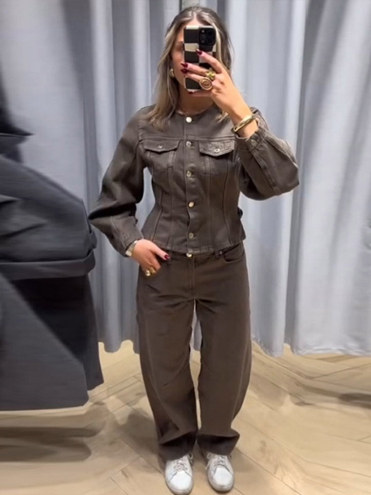 Denim Crop Pants Sets Women Vintage O-neck