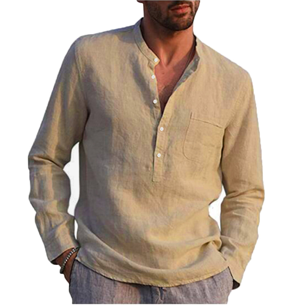 Cotton Linen Hot Sale Men's Long-Sleeved Shirts Summer Solid