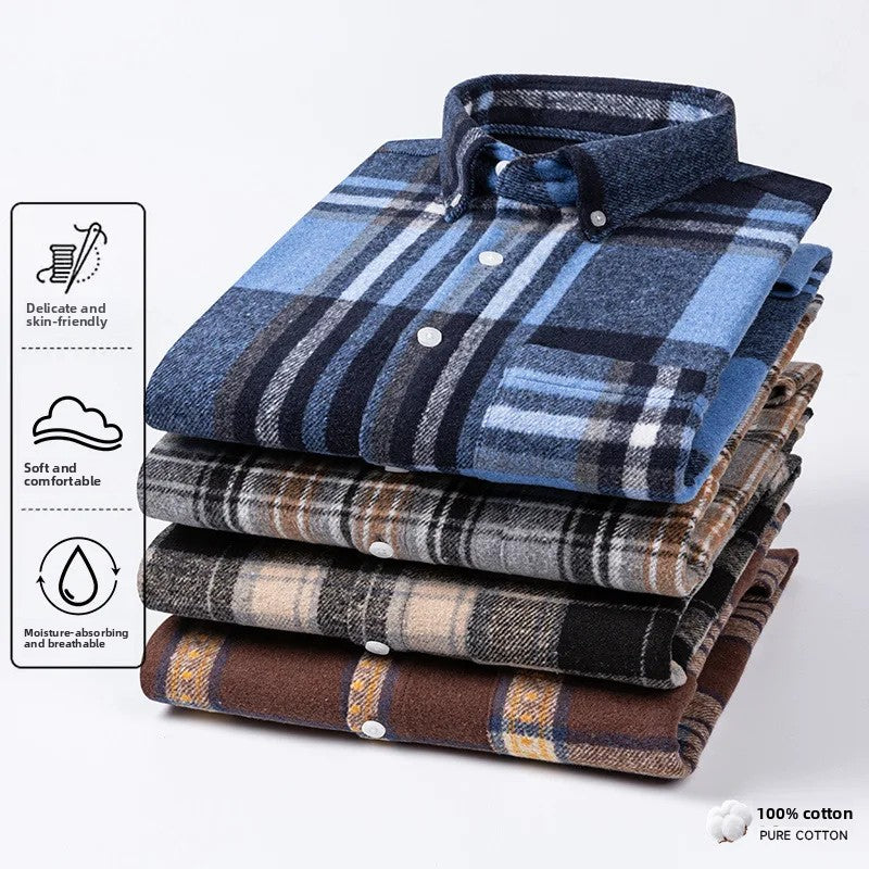 Thickened Pure Cotton Flannel Plaid Shirt Men's Long Sleeve Casual