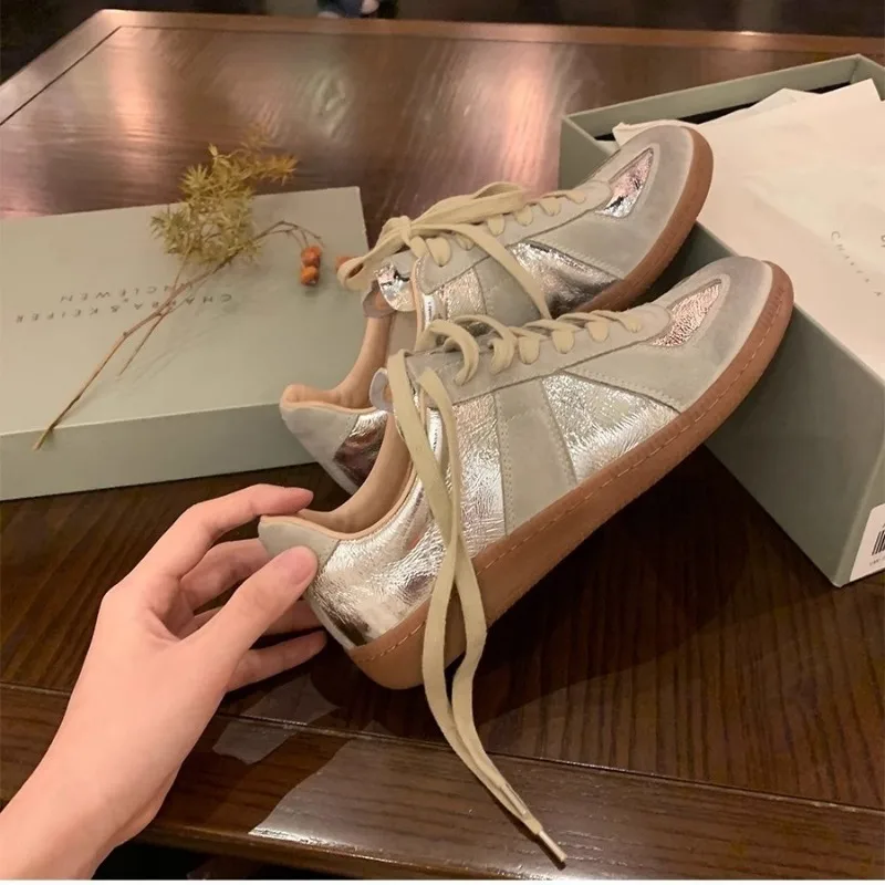 Women Casual Leather Sneakers Silver Lace-Up