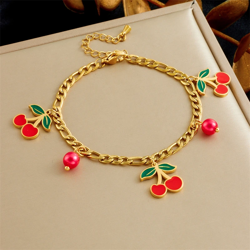 Stainless Steel Red Cherry Fruit Pendant Necklace Earrings Bracelet Set
