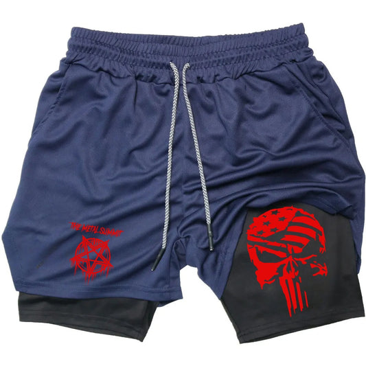 Men Anime Double Layer Shorts Gym Workout Printed Sports