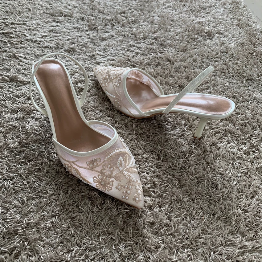 Mesh Embroidered Thin High Heels Sandals Women