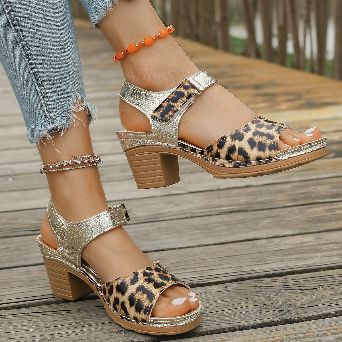 Retro Leopard Print Gold Sandals Women