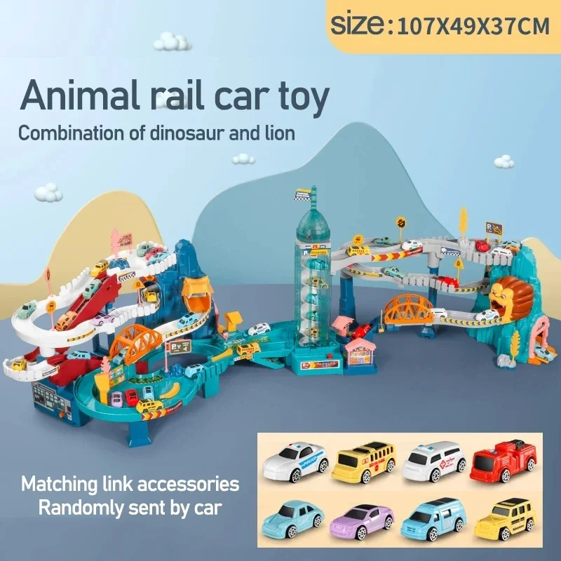 Electric Rail Car Dinosaur Building Parking Lot Adventure