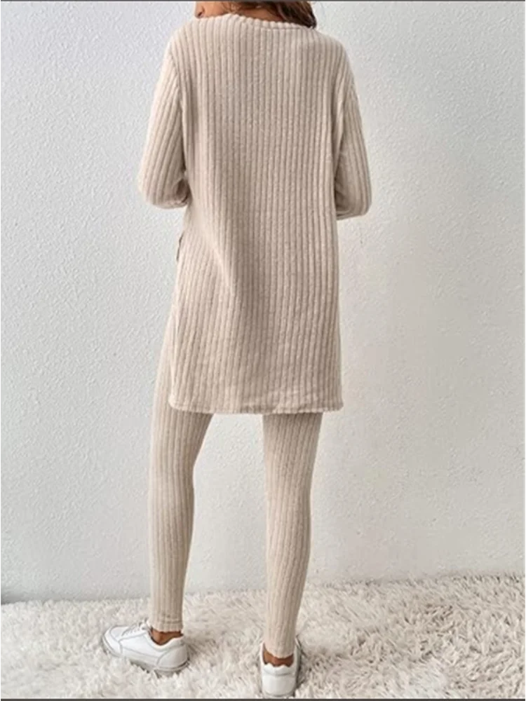 Casual Solid Color Winter Knitted Suit Women Two-Piece