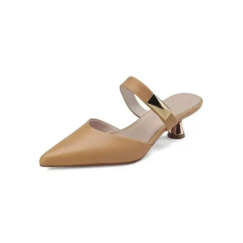 Size 35-42 Women Kitten Heels Mules Golden Rivet Pointed Toe