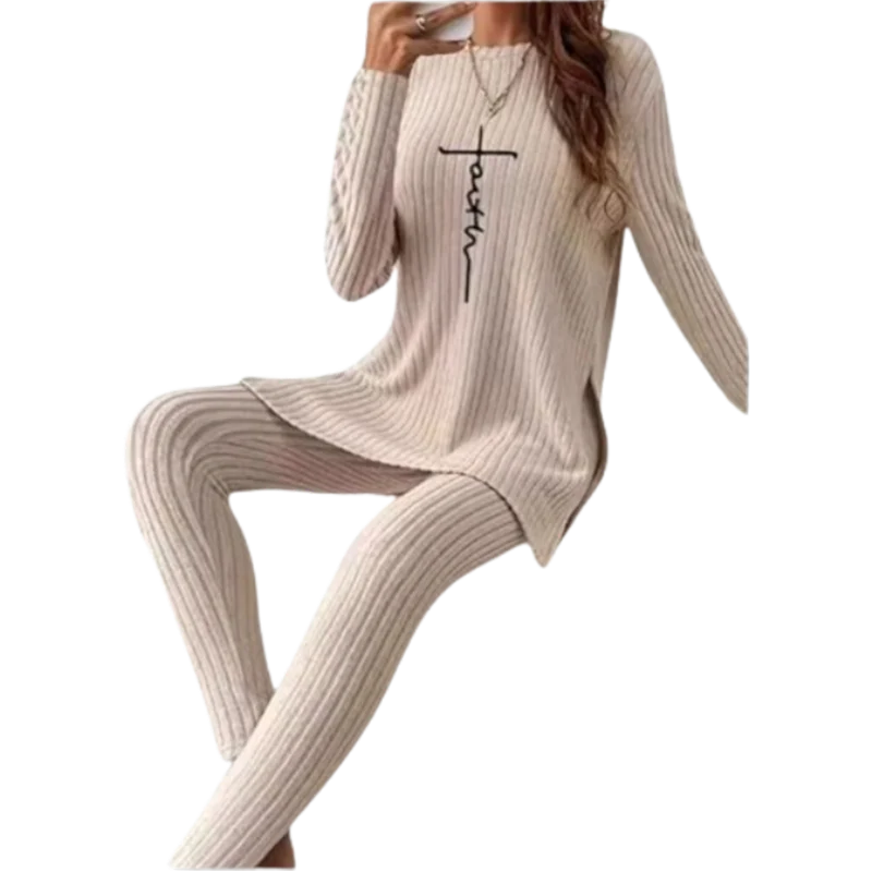 Casual Solid Color Winter Knitted Suit Women Two-Piece