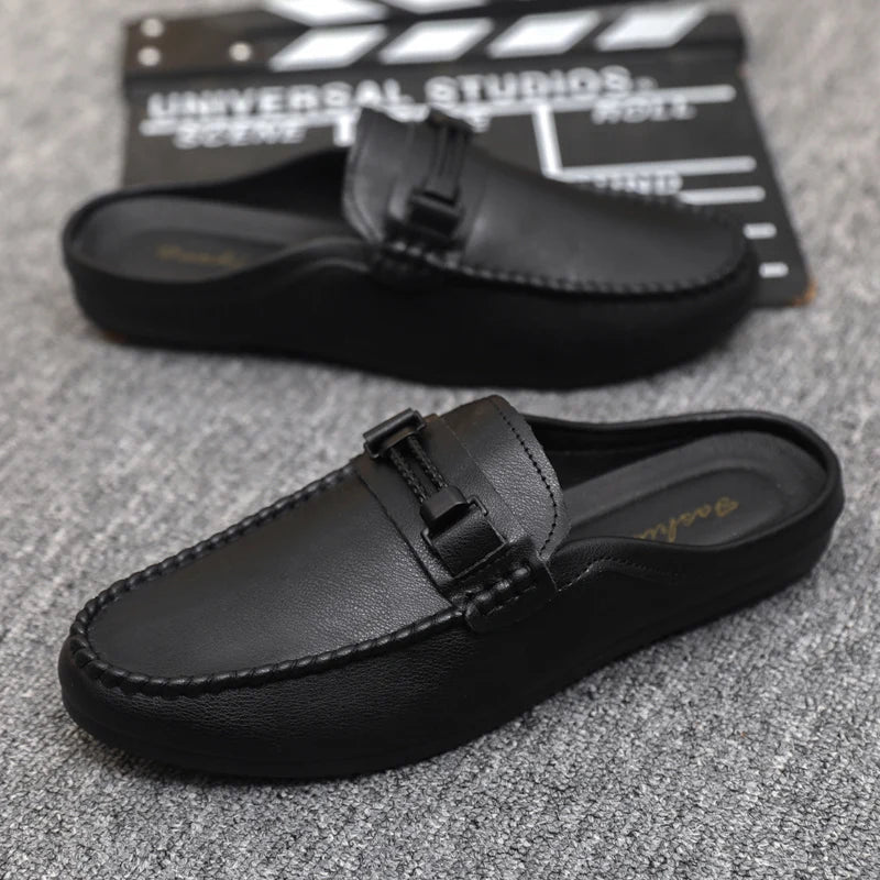Summer Leather Men Half Slippers Breathable Mens Casual Shoes