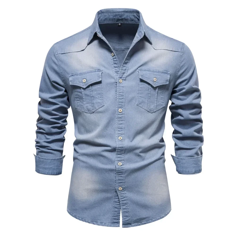 Elastic Cotton Denim Shirt Men Long Sleeve