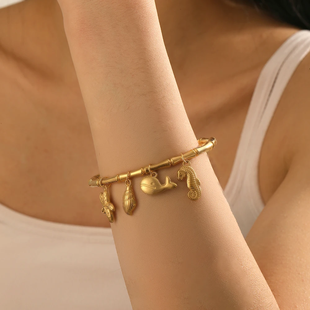 Stainless Steel Dolphin Shell Conch Pendant Bamboo Bangle For Women