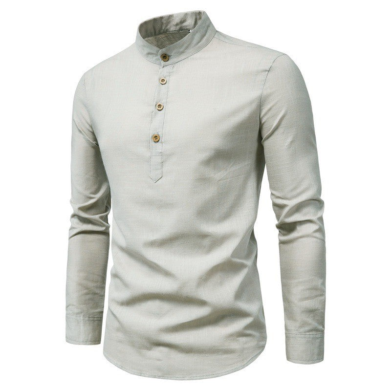 Men's solid color casual slim fitting standing collar long sleeved business shirt