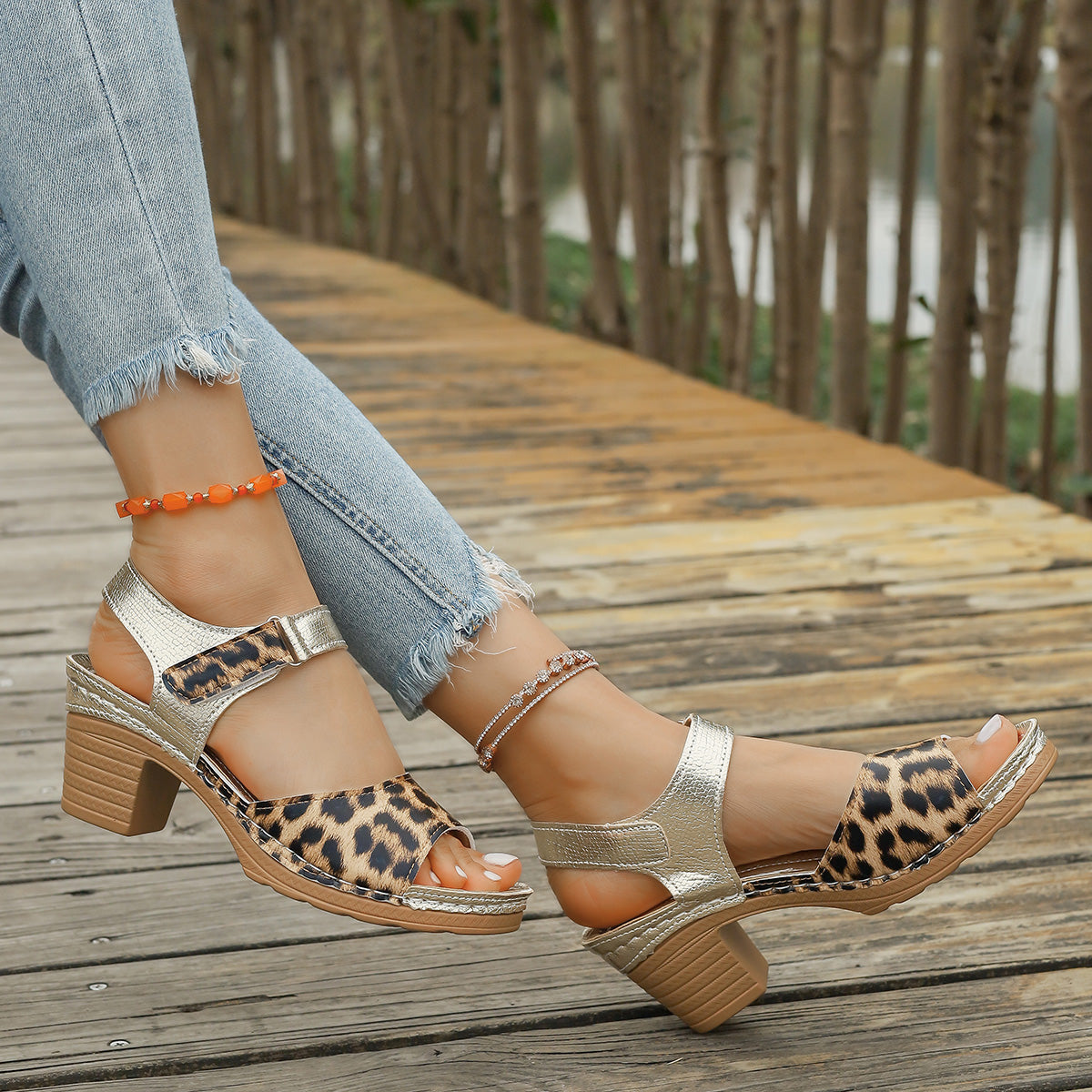Retro Leopard Print Gold Sandals Women